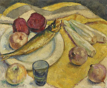 Still life with herring on a yellow tablecloth