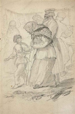 A peasant woman walking with a young boy 