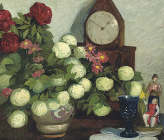 Still life with peonies, a clock and two porcelain figures