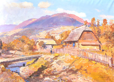 Carpathian village scene with bridge and figure