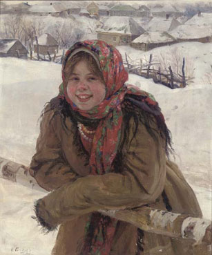 A young peasant girl with a patterned headscarf