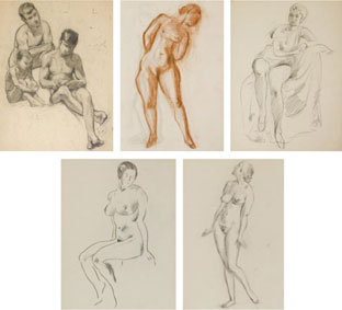 Group of five drawings of nudes