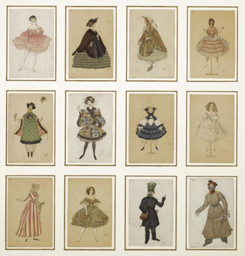 Twelve postcards of costume designs from the ballet La Fee de Poupees