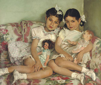 Portrait of two young girls with dolls