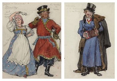 Two costume designs for Petrushka: a court coachman and a nurse; and a man with a concertina