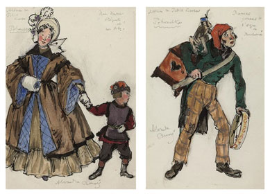 Two costume designs for Petrushka: an elegant lady and her son; and the first barrel-organ player