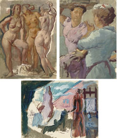 Three standing female nudes; two conversing figures; and In the artist`s studio