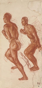 two studies of a walking male nude carrying a basket