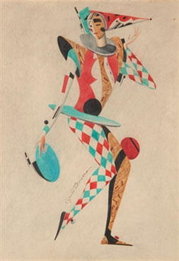 Harlequin in red and blue