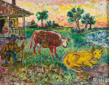 Farmer with two cows