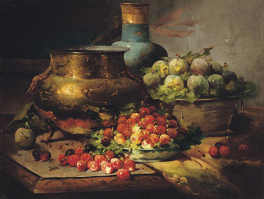 Still life with cherries and plums