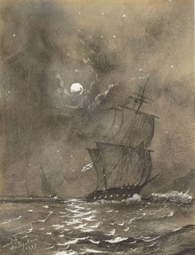Vessels in full sail by moonlight