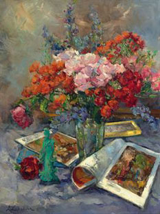 Still life with roses and Chinese figure