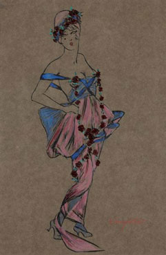 Jeune femme en robe rose, projet de costume