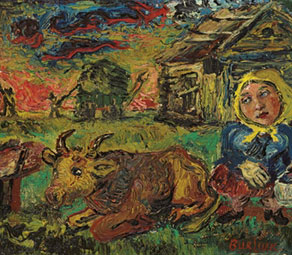 Woman in Yellow Scarf with Cow