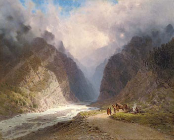 A mountainous landscape with travellers by a stream