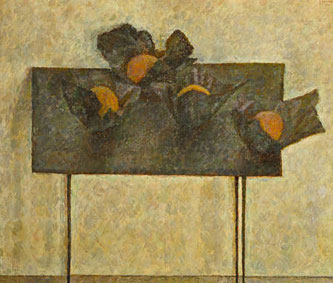 Still life with oranges on black table