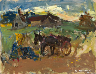 Village landscape with horse and cart