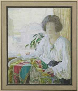 Portrait of Lydia Vytchegjanine, the artist`s wife, seated by the window of their home on Vasilevsky Ostrov, Petrograd