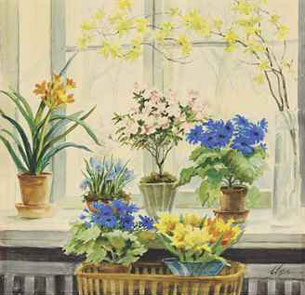 Flowering branches with potted wildflowers (illustrated); and Blossoming azaleas and violets