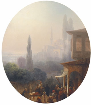 A market scene in Constantinople, with the Hagia Sophia beyond