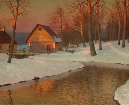 Winter landscape with cottage