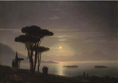 View of Lake Maggiore and Isola Bella by moonlight