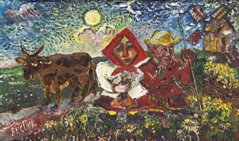 Boy and girl with cow