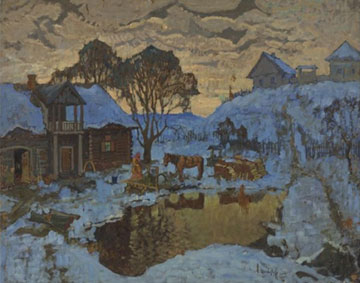 Winter village at dusk