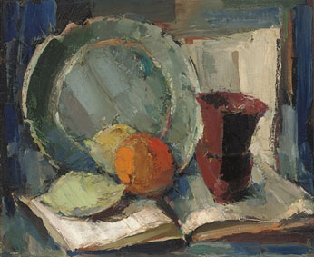 Still life with brown vase and orange