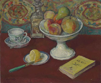 Still life with fruit and a book