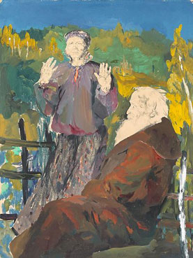 Elderly peasant couple in an autumn landscape