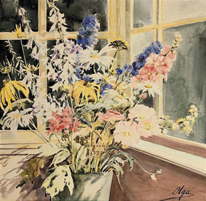 Still life with daisies, delphiniums and penstemons