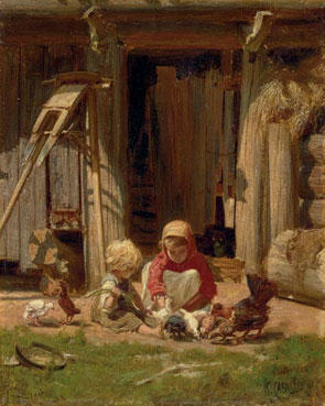 Children with chickens