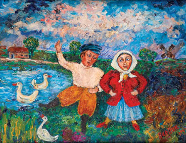 Peasants by a duck pond