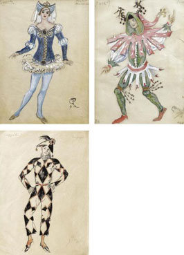 A group of three costume designs from Coppelia, Raymonda and A Midsummer Night`s Dream