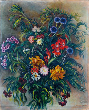 Still life with brightly-colored flowers