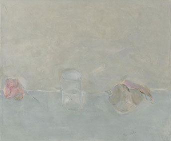 Composition with water glass, seashell and flower