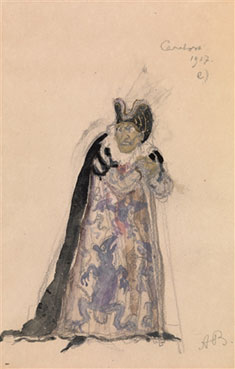 Costume design for the Wicked fairy godmother and the mouse pulling her wagon in 