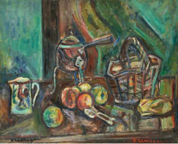 Nature morte à la théière et au panier de fruits