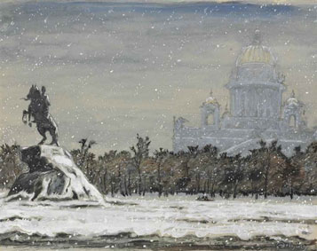 Winter view of The Bronze Horseman with St Isaac`s Cathedral beyond 