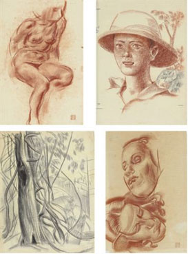 A boy in a pith helmet; study of a female nude; study of masks; and study of lianas