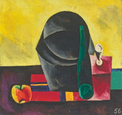 Still life with pot and green bottle