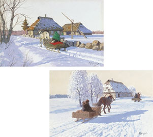 A sleigh returning to a farmstead; and two sleighs before a barn