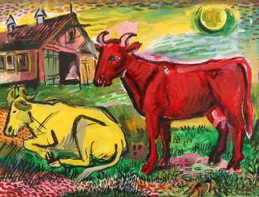 Barnyard Scene with Red and Yellow Cows