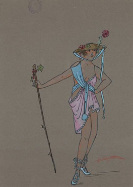 Jeune femme en robe rose, projet de costume