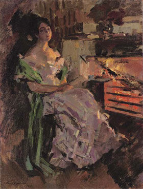 Woman reading by the hearth