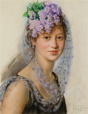 Portrait of Berthe Popoff in a floral fascinator