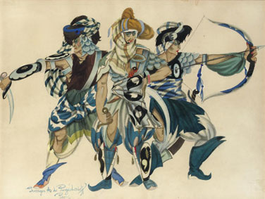 Costume designs for three warriors