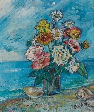 Flowers in a vase on the shore